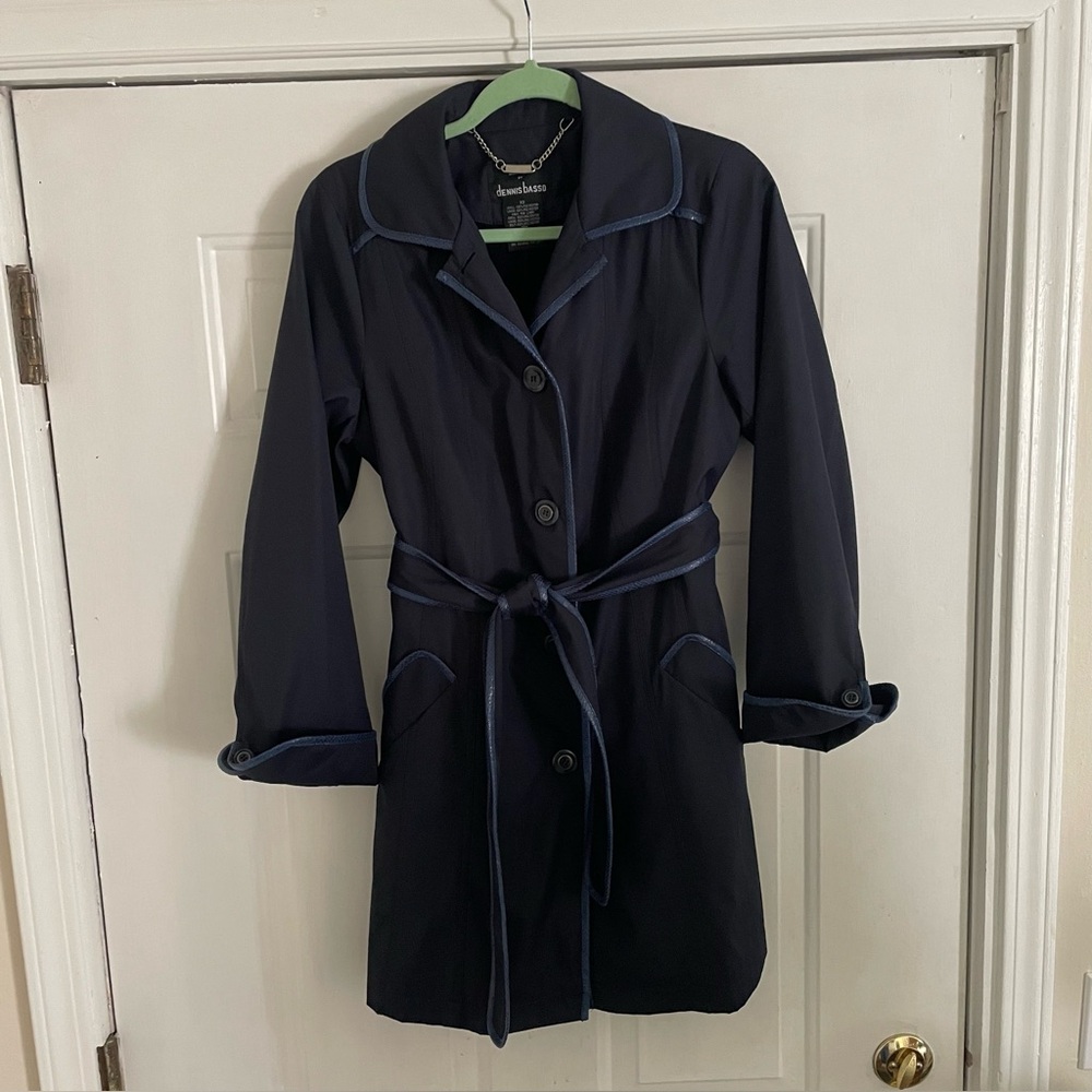 Dennis Blasso Navy Blue Trench Coat with faux reptile trim and removable liner
